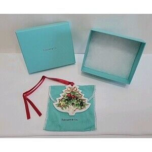Tiffany & Co Bone China Christmas Tree Ornament Painted w Box Pouch Ribbon
